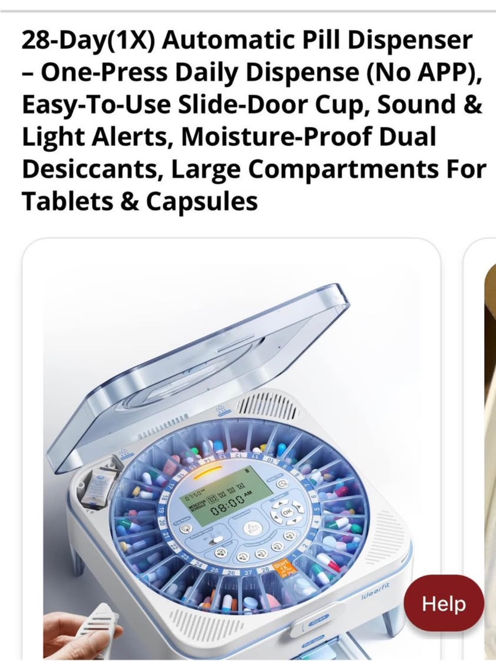 28-Day Automatic Pill Dispenser in White & Translucent Blue